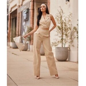 Nicole Williams English X Bar III High Rise Wide Leg Trousers Pants Cream Cotton